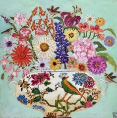 a painting of flowers and birds in a vase