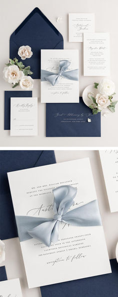 the wedding stationery is laid out on top of each other, with blue envelopes and