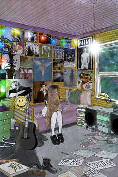 a drawing of a person sitting in a room with guitars and posters on the wall