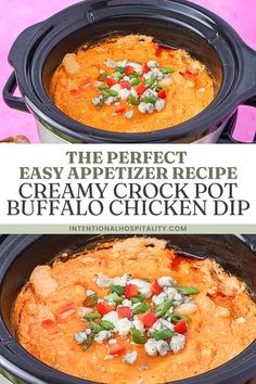 crock pot with buffalo chicken dip topped with blue cheese crumbs and chopped green onion and red pepper Food Chicken Recipes, Buffalo Chicken Dip Crock Pot, Recipes Holiday, Buffalo Chicken Dip, Recipes Beef, Buffalo Sauce, Creamy Cheese, Easy Appetizer Recipes, Food Chicken