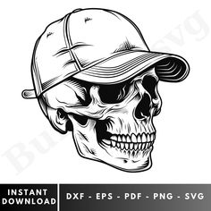 a skull wearing a baseball cap with the words instant dxf eps