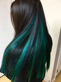 Peacock Green Hair Color, Peekaboo Teal Hair, Different Color Extensions, Teal Peek A Boo Hair, Green Hair Underneath, Color In Dark Brown Hair, Colorful Extensions, Black And Teal Hair Peekaboo, Color Hair Blue