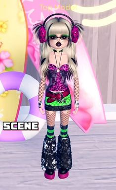 a girl with headphones and boots standing in front of a pink sign that says scene