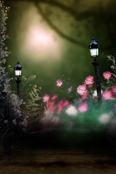 two street lamps sitting in the middle of flowers