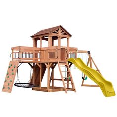 a wooden swing set with a yellow slide