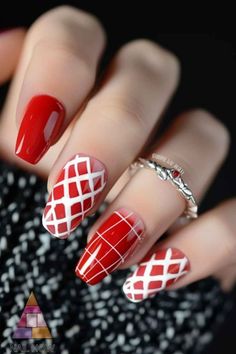 Mix and match with these red nails featuring white lattice patterns. Great for a bold and unique fall look. Visit NailHow.com for more creative nail designs and save this pin for later! Classic Nail Designs, White Lattice, Chic Nail Art