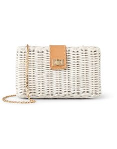 the white and tan clutch purse is shown with gold hardware on the clasp, which has a chain at the bottom