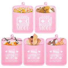 four pink containers filled with food on top of a white background and the words happiness is homemade