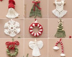 twelve christmas ornaments are arranged in rows on the floor, with ribbons and bells hanging from them