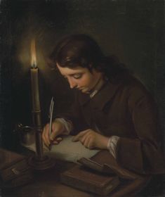 a painting of a woman writing with a candle in the background