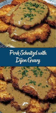 pork schnitzel with dijong gravy on a blue plate