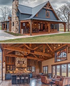 two pictures show the inside and outside of a house with wood floors, stone walls and windows