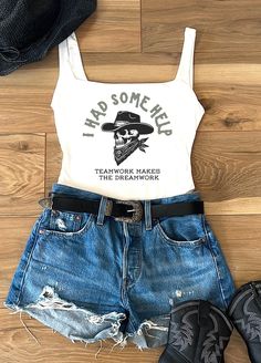 This trendy western tank top bodysuit is perfect for your next country music concert, rodeo, or a girl's trip to Nashville! This item runs slim. Please refer to the size chart for more information on sizing. Model wears an XS.   ⭐️ ITEM INFO ⭐️  * Knitted Fabric made of 96% Polyester, 4% Elastane  * Designs are printed using sublimation printing.   * The item size may affect the placement and outcome of the design.   * Designs and colors may differ slightly due to different user monitor and scre Country Punk Outfits, Post Malone Concert Outfit, Farm Outfits, Stagecoach Outfits, Post Malone Concert, Western Tank Tops, Country Fits, Clothes Board, Country Music Concerts