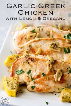 the cover of garlic greek chicken with lemon and oregano