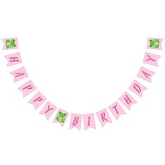 a pink happy birthday bunting banner with hello kitty on the front and two white cats on the back