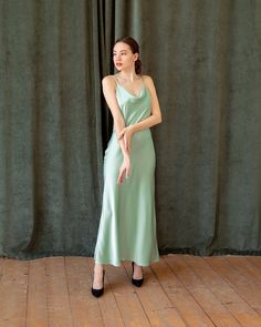 "Mint silk slip dress, Cowl neck silk slip dress, Stretch silk bridesmaid dress, Sage green silk satin dress. You can experiment - add a thin belt - and get a new look. Tailored to a figure hugging silhouette with a little bit of space to leave a space for fantasies these silk dresses are crafted from silk satin that slips gently over the female form in an understated grace. DETAILS: - adjustable thin straps - bias cut - Cowl neck - length the ankle (The length of the dress depends on your heigh Bridesmaid Dress Sage Green, Bridesmaid Dress Sage, Silk Bridesmaid Dress, Star Prom Dress, Dress Sage Green, Silk Bridesmaid Dresses, Green Silk Dresses, Sage Green Dress, Dress Sage