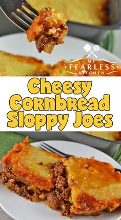 cheesy cornbread sloppy joes on a plate with a fork