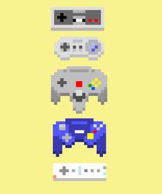 four different video game controllers in pixel style on a yellow background, each with the same color