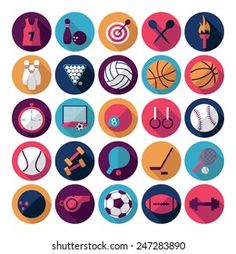 a large set of sports icons in flat style with long shadow on the white background