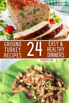 two pictures with the words ground turkey and healthy dinneres on them, including meat