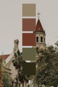 an old church with a steeple in the background and some palm trees around it