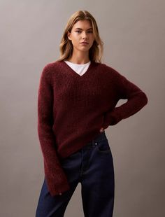 Ribbed Knit V-Neck Sweater, Cherrywood Cozy V-neck Sweater With Ribbed Cuffs, V-neck Ribbed Sweater For Layering, Knit V-neck Sweater With Ribbed Cuffs, Fall Chunky Knit V-neck Sweater, Ribbed V-neck Sweater For Winter Loungewear, Classic V-neck Textured Knit Sweater, Ribbed V-neck Sweater For Layering, Relaxed Fit V-neck Sweater For Winter, V-neck Sweater With Ribbed Cuffs For Layering