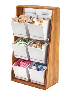 a wooden stand with six bins on it and several different items in the bottom drawer