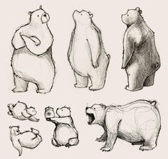 the bears are standing and sitting in different positions