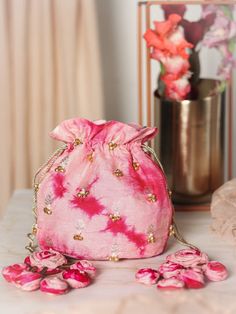 Gulabo - Hot Pink Embroidered Tie-Dye Cotton Satin Potli Bag by Vareli Bafna now available at Trendroots Kawaii Bag, Potli Bag, Sewing Easy Diy, Diy Bags Patterns, Tarot Bags, Potli Bags, Hand Embroidery Flowers, Tie Dye Cotton, Diy Purse