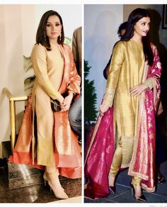 Banarasi Dupatta Styling, Golden Kurta Women, Golden Suit Design, Golden Suits Women Indian, Banaras Suit, Banarsi Silk Suit Designs Indian, Straight Suit Designs, Golden Salwar Suit, Suit With Banarsi Dupatta