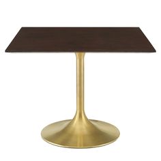 an image of a square dining table with gold base and wood top on white background