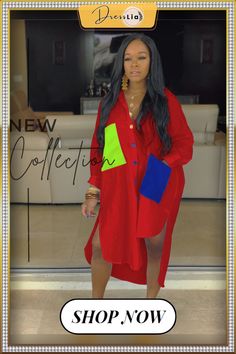 Leisure Patchwork Pocket Loose Blouse Dress Long Sleeve Patchwork Office Dress, Long Sleeve Patchwork Dresses For Office, Red Dress With Pockets For Day Out, Multicolor Long Sleeve Shirt Dress For Work, Multicolor Long Sleeve Dresses With Pockets, Calf Sleeve, Loose Blouse, Color Pick, Blouse Dress