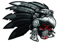 a skull wearing a helmet with feathers on it's head and red eyeliners