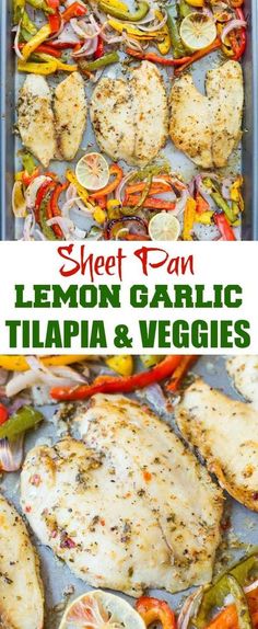 sheet pan lemon garlic tila and veggies with text overlay that reads sheet pan lemon garlic tila and veggies