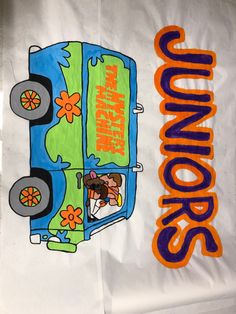 a white paper bag with an image of a bus and the words juniors on it