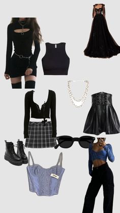 several different outfits and accessories are shown in this image, including skirts, tops, boots, belted pants, necklaces