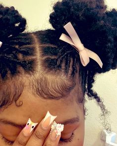 2 flower buns and cute pink bows #starterlocstyles #starterlocs #locstyles #locsassesories #locs #locstylesforwomen #naturalhaircare #naturalhairjourney Bow Loc Styles, Locs Slick Back, Locs Hairstyles With Bows, Locs Two Ponytails, Dyed Locs Inspiration, Birthday Hairstyles Locs, Loc Styles With Bow, Locs Hairstyles Natural Hair, Locs With Bows