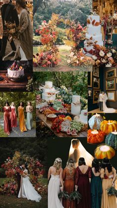 a collage of photos with people dressed in wedding gowns and other things on display