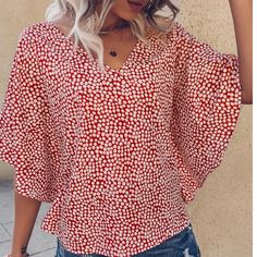 New Shein Red Polka Dot Blouse With Angel Sleeve Never Used. Pristine Condition. Light Weight. Medium On The Smaller Side. Fitted Bodice. Casual Red Printed Blouse, Red Printed V-neck Blouse, Chic Red Printed Blouse, Chic Red Printed Tops, Red Trendy Spring Blouse, Trendy Red Printed Top, Trendy Red Spring Blouse, Red Trendy Blouse For Spring, Trendy Printed Red Tops