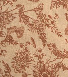 an image of a floral pattern with birds and berries on the fabric in brown color