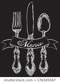 a black and white drawing of utensils with a ribbon that says menu on it