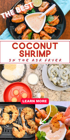 4 photos showing coconut shrimp cooked in the air fryer, from ingredients to prepared. Air Fryer Coconut Shrimp, Chili Dipping Sauce, Coconut Shrimp Recipe, Sweet Chili Dipping Sauce, Shrimp Appetizers, Quick Dishes, Healthy Weeknight Meals, Healthiest Seafood, Supper Recipes