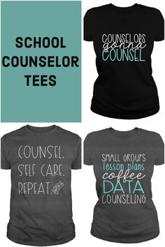 three t - shirts with the words school counselor tees in different colors and font