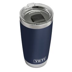 the yeti cup is blue and has a metal lid