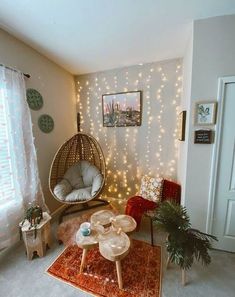 a living room filled with furniture and lights