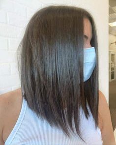 Medium Length Angled Haircut, Brunette A Line Bob, Thick Medium Hair Cuts For Women, A Frame Haircut Medium, Shoulder Length Angled Bob, Long Bob Angled, Inverted Lob Haircut, Long Angled Hair, Long Bob Braun