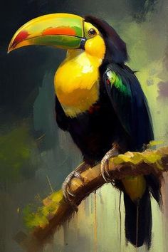 a painting of a toucan perched on a branch