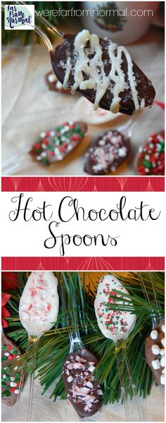 christmas cookies and candy on spoons with the words hot chocolate spoons