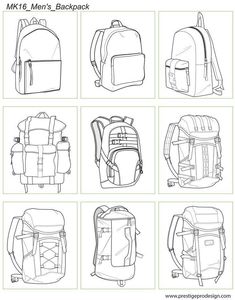 six different backpacks are shown in black and white