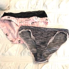 A Pair Of Vs Underwear. Pink One Is Low Rise Hip Hugger Black Pink One Is A Cheekini Both Small Pink Stretch Seamless Sleepwear, Pink Seamless Sleepwear For Loungewear, Victoria's Secret Loungewear Briefs, Vs Lingerie, Black And White Logos, Lace Thong, Lingerie Set, Blue Lace, Secret Pink